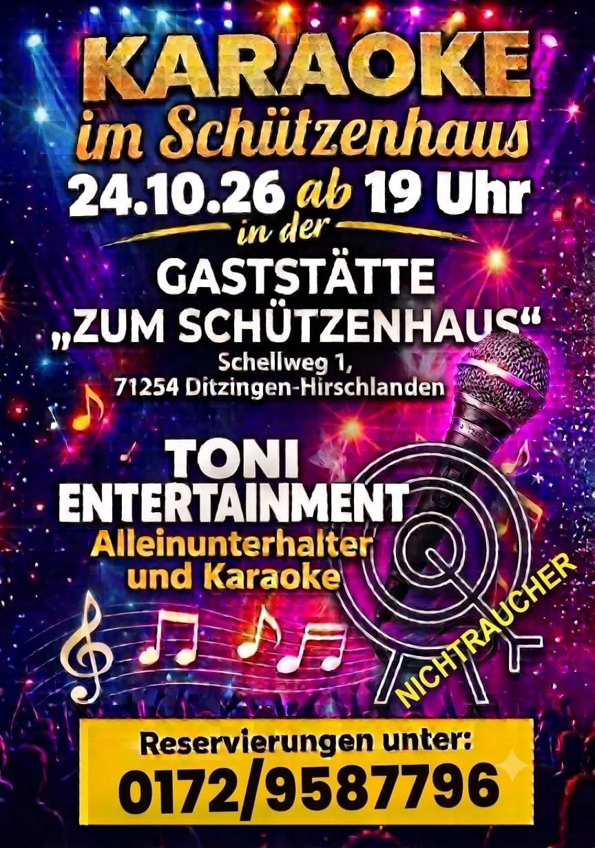 Flyer zum Karaoke-Abend am 24. Oktober 2026 im Schützenhaus Ditzingen-Hirschlanden